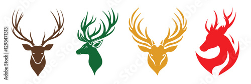 Abstract Vector Colorful Set of Four Deer Head Silhouettes Icons or Logo Design Template