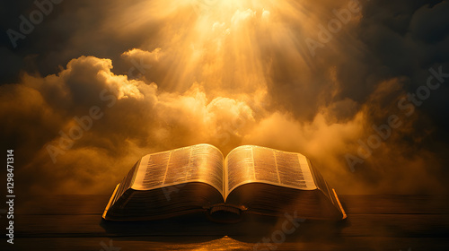 An open Bible with rays of light shining down on it, the background is dark and cloudy
