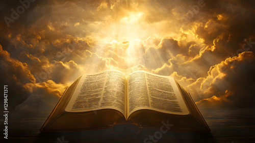 An open Bible with rays of light shining down on it, the background is dark and cloudy
