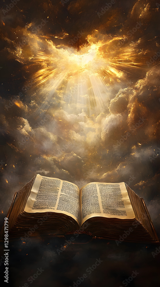 Fototapeta premium An open Bible with rays of light shining down on it, the background is dark and cloudy 