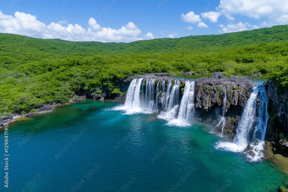 Fototapeta premium A breathtaking aerial view of multiple waterfalls converging into one large cascade