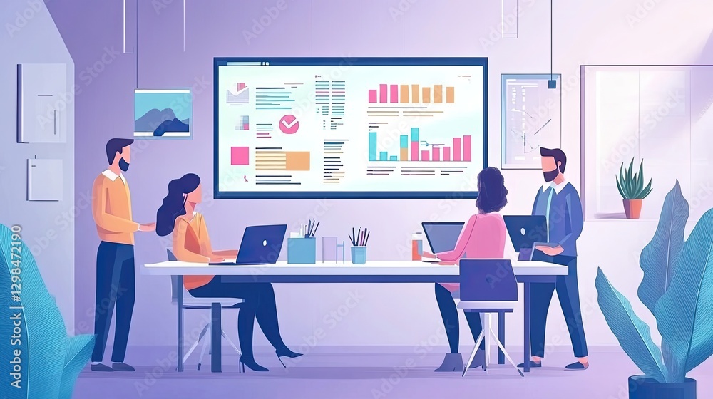 Business team working on a marketing project, analyzing company graphs, brainstorming ideas in a startup office Business team working on a marketing project, analyzing company graphs, brainstorming ideas in a startup office