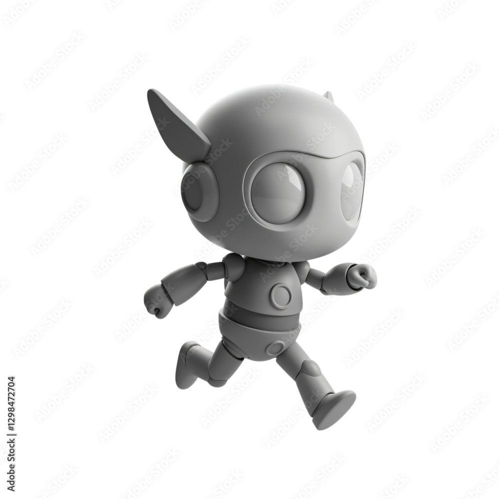 A stylized, cartoon robot in a running pose, rendered in grayscale A stylized, cartoon robot in a running pose, rendered in grayscale