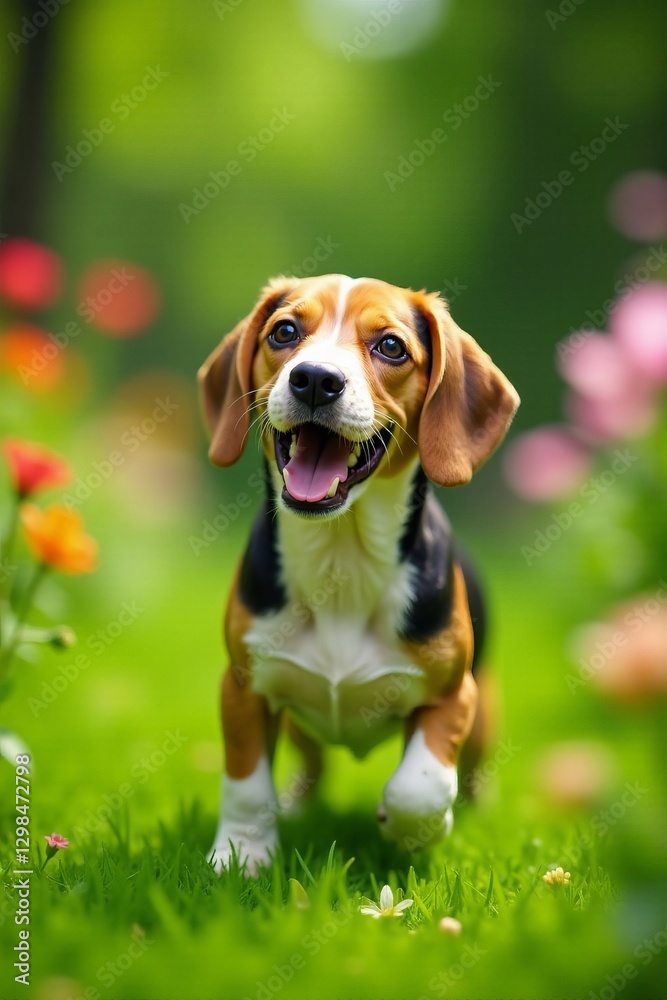 Curious beagle dog barking in lush summer garden, pet, beagle Curious beagle dog barking in lush summer garden, pet, beagle