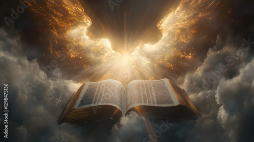 An open Bible with rays of light shining down on it, the background is dark and cloudy
