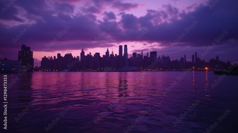 Fototapeta premium Purple Cityscape at Dusk: A Stunning View of Midtown Manhattan Skyline Reflected in the Calm Waters