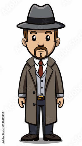 Detective character in a trench coat and hat against a white background