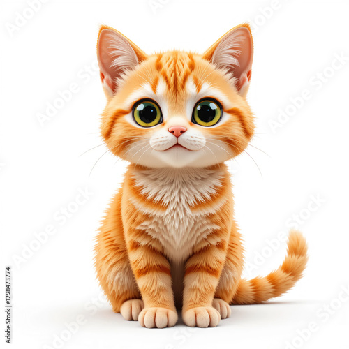 Adorable Orange Kitten Cute Cartoon Cat 3D Render White Background