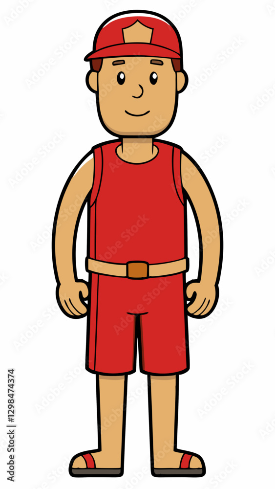Lifeguard character standing with a smile in red uniform Lifeguard character standing with a smile in red uniform