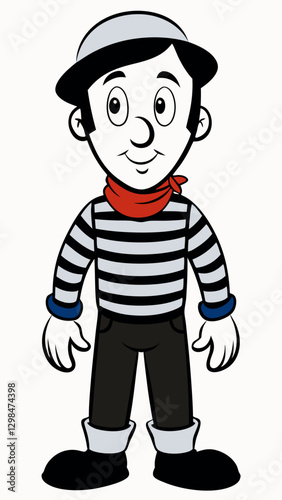 Mime character smiling in a black and white striped outfit