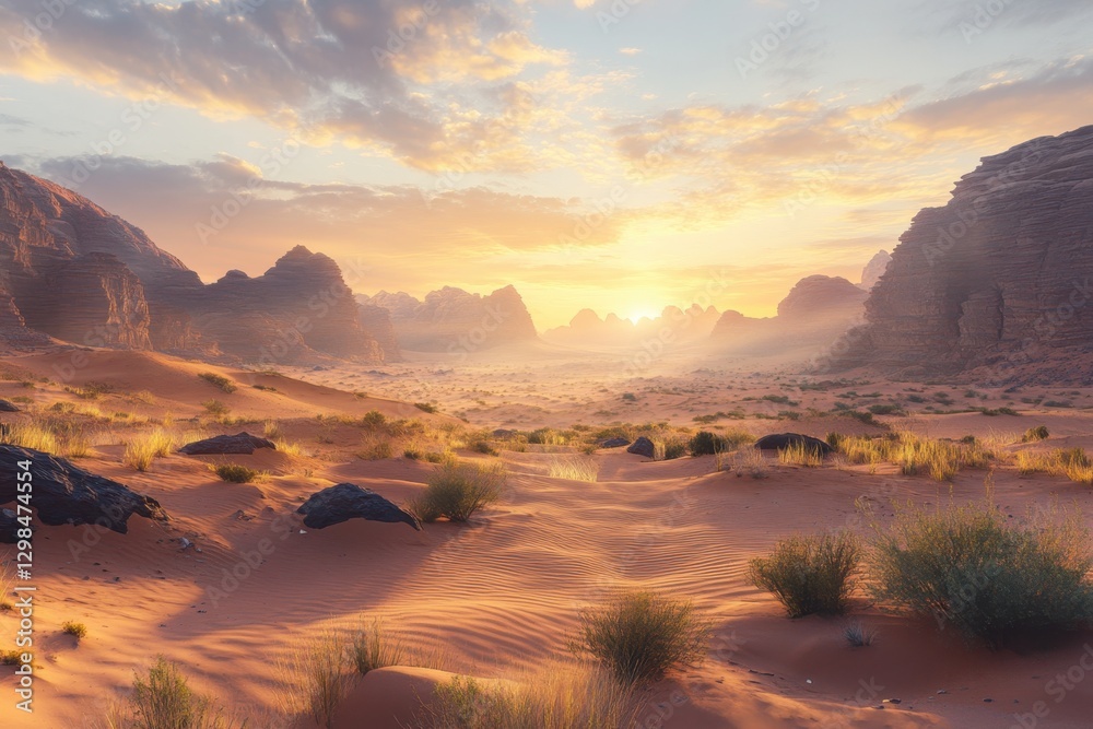 Naklejka premium Sunrise over the serene desert landscape with distant mountains and soft clouds