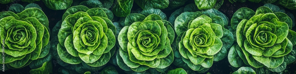 Fototapeta premium Texture Of Vivid Green Leaf Lettuce Heads Growing In Cultivated Land Or Garden Field