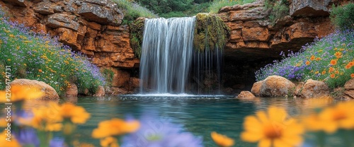 Rustic Waterfall Garden With Colorful Flowers photo