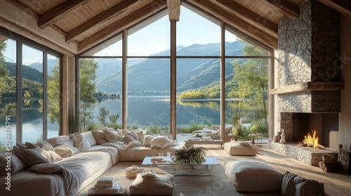 Cozy mountain lodge interior, panoramic windows, breathtaking lake view, rustic wooden beams, stone fireplace, plush white sofas, natural light, tranquil atmosphere, luxury retreat, scenic landscape, 