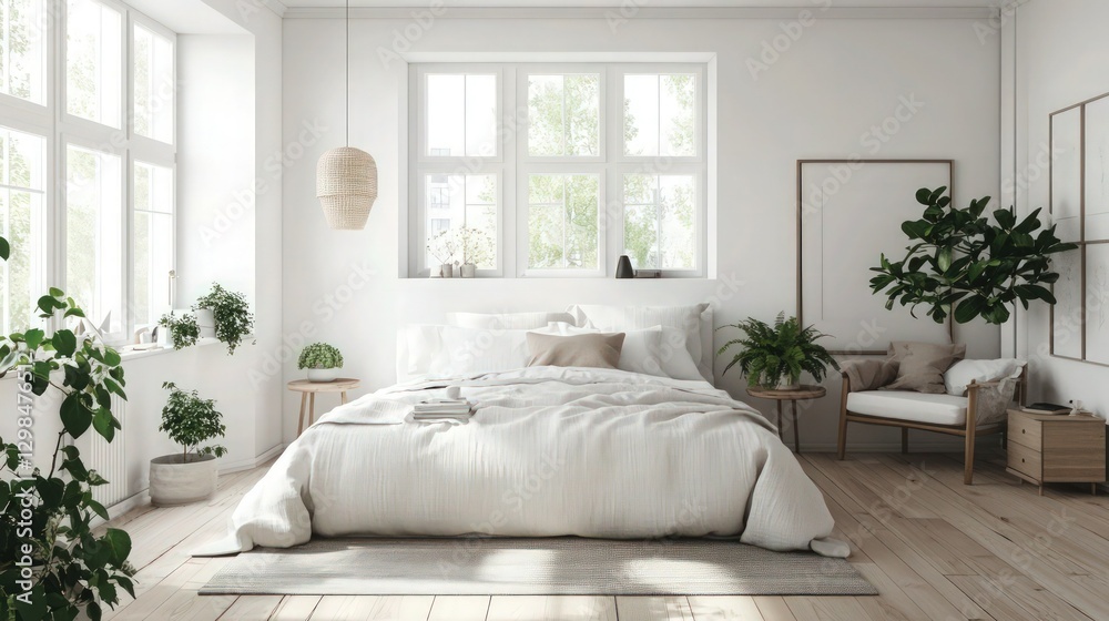 Fototapeta premium Scandinavian bedroom, minimalist interior, white walls, large windows, natural light, cozy bed, neutral color palette, potted plants, fiddle leaf fig tree, wooden floors, wall art, bedside table