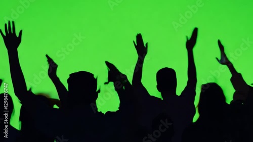 Silhouette of a Cheering Crowd with arms raised on Green Screen:Capturing the energy of a crowd silhouette against the vibrant green screen, hands raised in the air with a sense of freedom and energy.