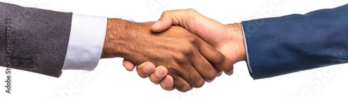 A close-up view of two business professionals shaking hands in a gesture of agreement and partnership. photo