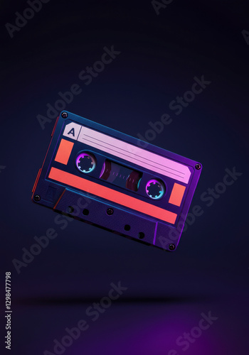 Vintage audio cassette with purple and pink neon lighting, evoking nostalgia and retro technology.