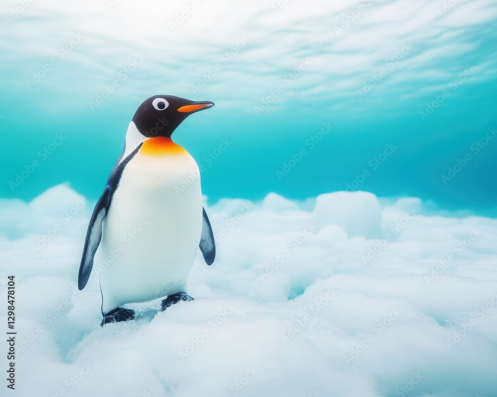 Fototapeta premium A curious penguin stands on ice, surrounded by serene blue waters, embodying the beauty of marine life in the polar region.