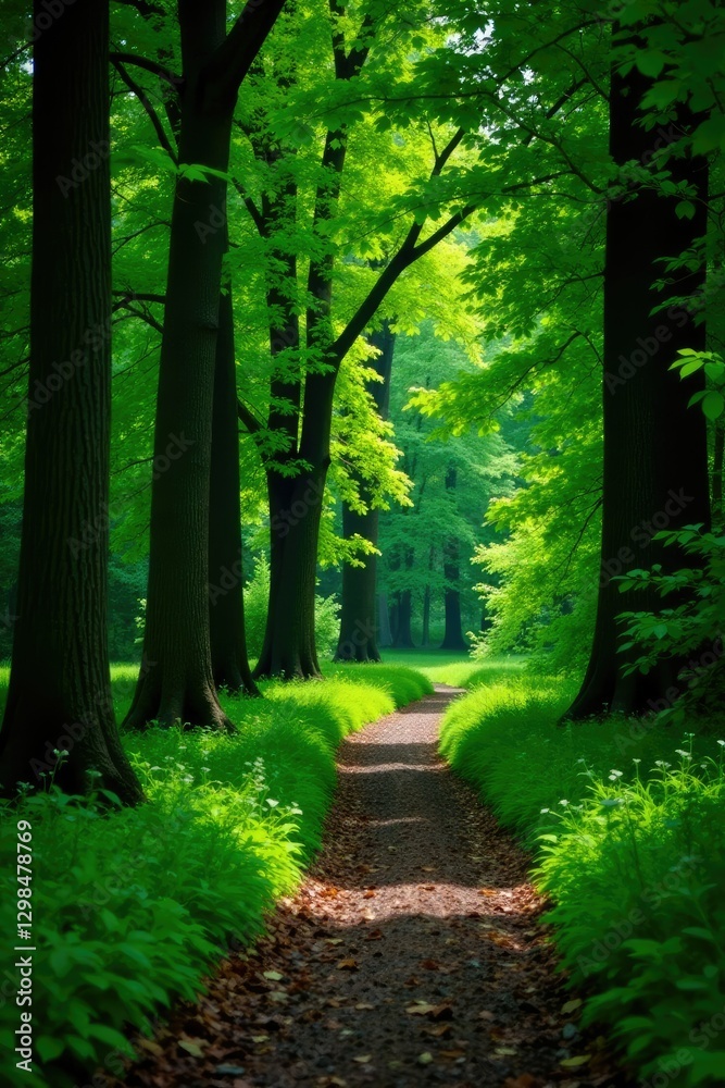 A winding path through a dense oak forest with tall trees, path, trail, green A winding path through a dense oak forest with tall trees, path, trail, green