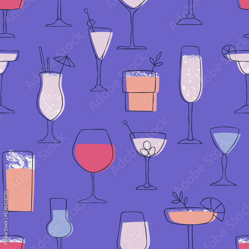 Different types of glasses and goblets with cocktails for alcoholic beverage packaging. Seamless pattern with glasses and goblets of alcoholic beverages. Flat vector illustration.