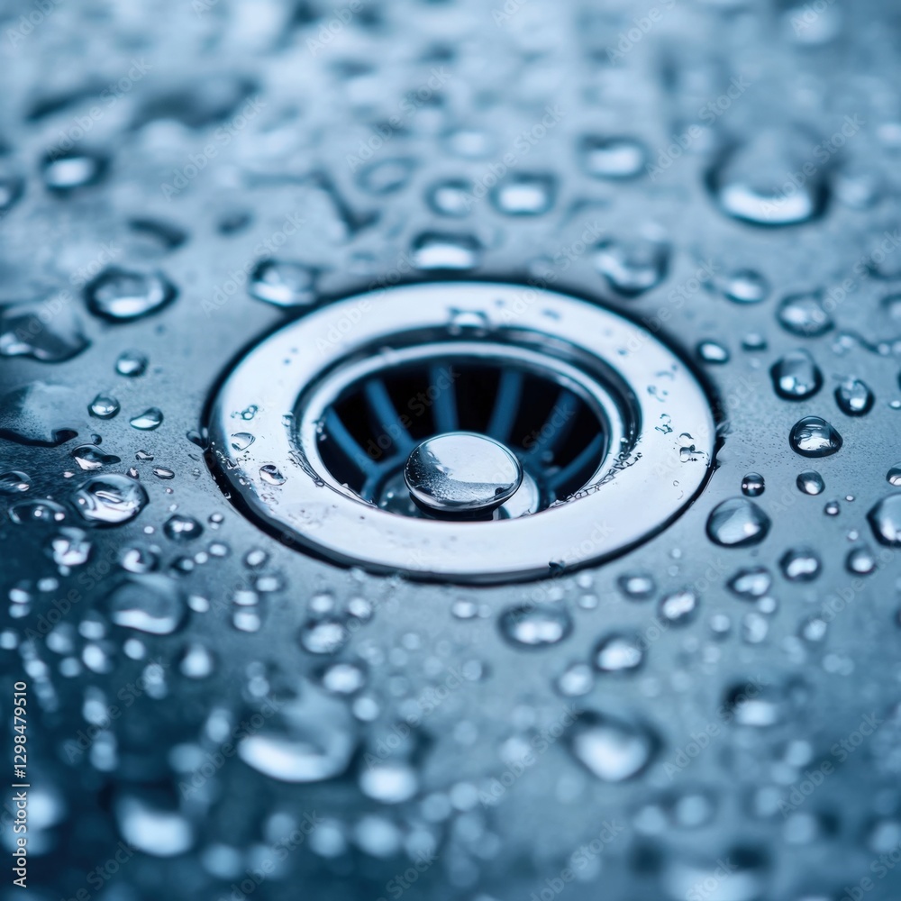 Water Drops on a Stainless Steel Sink Drain