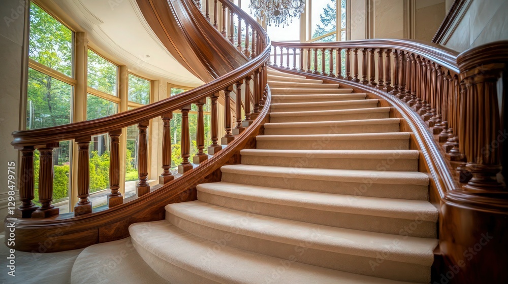 Obraz premium Grand wooden staircase, curved banister, ornate balusters, sunlit foyer, elegant mansion interior, polished hardwood, arched windows, classical architecture, warm tones, intricate carpentry
