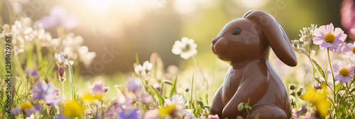 Whimsical Spring Scene with a Chocolate Bunny in a Flower Meadow photo