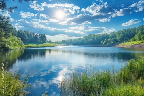 Calm lake surrounded by lush greenery under a bright blue sky in the afternoon