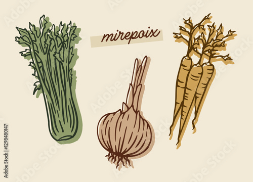 Hand drawn mirepoix vector set. Carrots, onion, celery soup ingredients illustrations. Isolated elements.