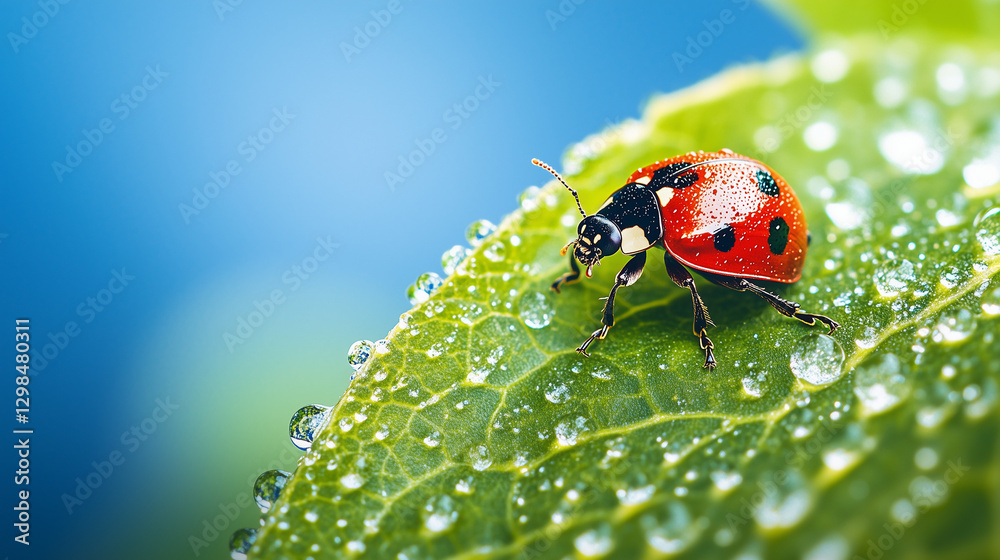 Fototapeta premium Small red ladybug on a green leaf with rain dew drops droplets on a blue sky background Macro bug shot, selective focus