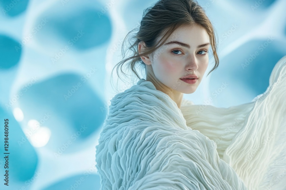 A young woman with freckles, wearing a pleated white garment, poses against a blurred, light-blue background.