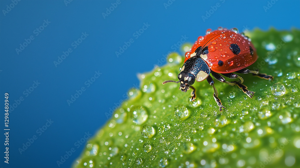 Obraz premium Small red ladybug on a green leaf with rain dew drops droplets on a blue sky background Macro bug shot, selective focus