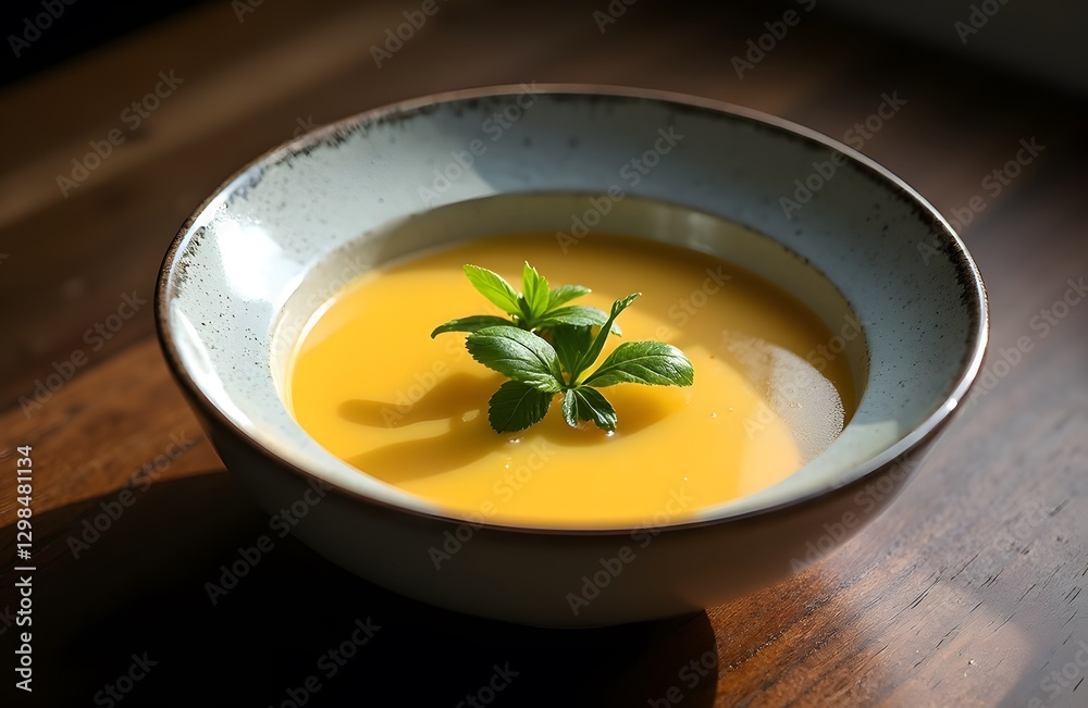 A bowl of French velouté a creamy sauce based soup made with butter flour and stock. A bowl of French velouté a creamy sauce based soup made with butter flour and stock.