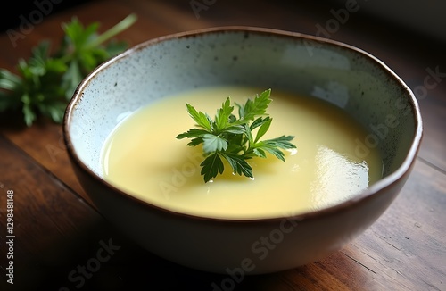 A bowl of French vichyssoise a creamy leek and potato soup served cold.