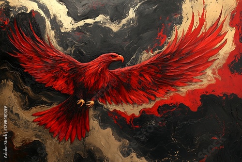 Majestic Red Hawk Soaring Through a Turbulent Sky in a Dramatic Artistic Representation Created With Vibrant Colors