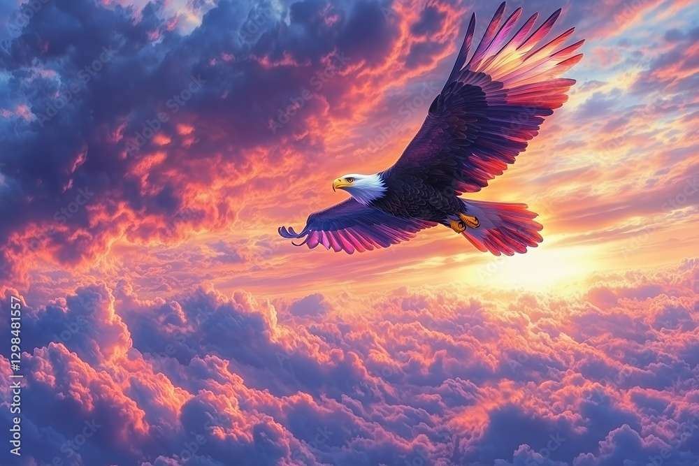 Obraz premium Majestic Eagle Soaring Through Vibrant Sunset Skies Over Fluffy Clouds While the Sun Sets on the Horizon With Dramatic Colors Filling the Atmosphere