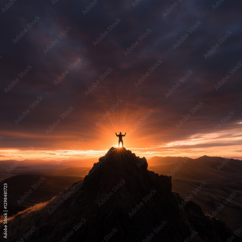 Silhouette of Person on Peak at Sunset Silhouette of Person on Peak at Sunset