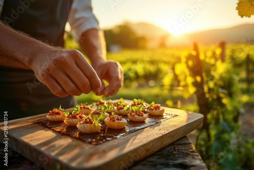 Chef prepares gourmet appetizers outdoors at sunset in a vineyard. Delicious food and scenic view.