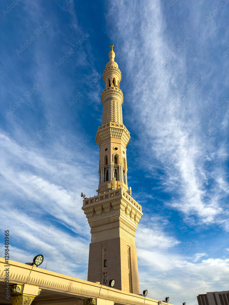 Fototapeta premium Upper Level of Al-Masjid an-Nabawi – Dome and Minarets at Sunrise