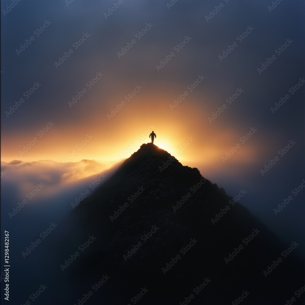 Person Standing on Mountain Peak Silhouette at Sunrise