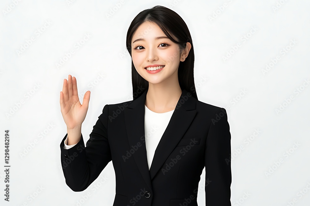 Businesswoman raising her hand in greeting Businesswoman raising her hand in greeting