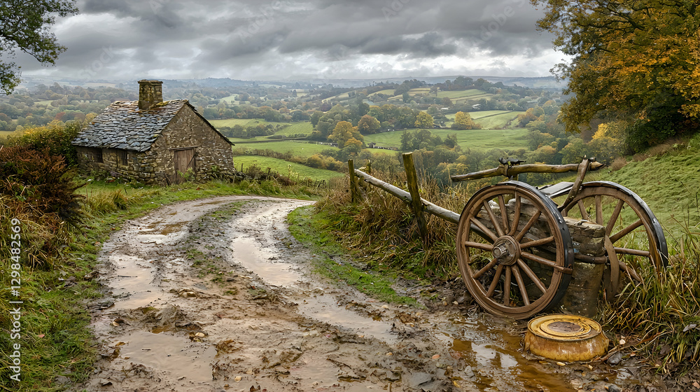 Fototapeta premium Rural autumn landscape, cottage, muddy road, cart