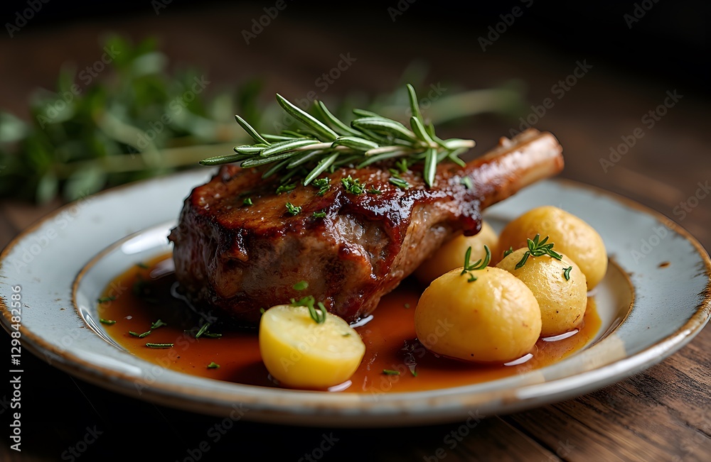 A plate of French style roasted lamb with garlic and rosemary served with new potatoes. A plate of French style roasted lamb with garlic and rosemary served with new potatoes.