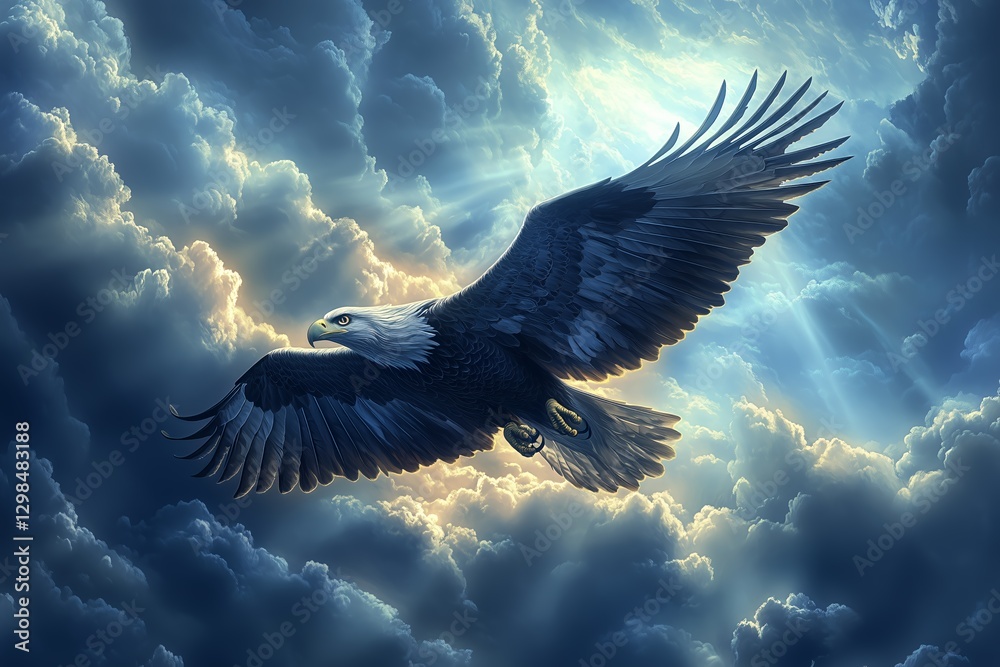 Obraz premium Majestic Eagle Soaring Through Dramatic Clouds in a Twilight Sky, Showcasing Its Powerful Wings Against the Backdrop of Soft Sunlight