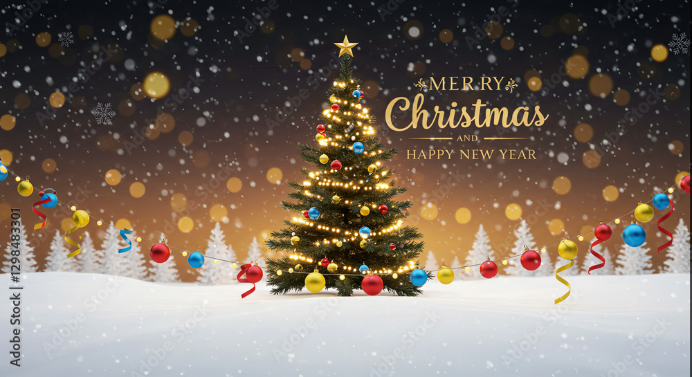 Obraz premium Merry Chrismas Greeting Card Poster Whimsical Tree Glowing ornament light