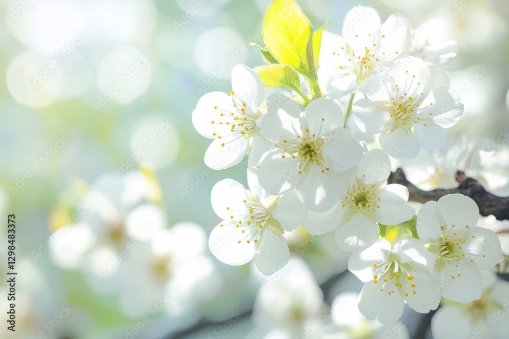 Obraz premium Close-up of delicate white flowers blooming on a tree branch, illuminated by sunlight, creating a soft and dreamy atmosphere