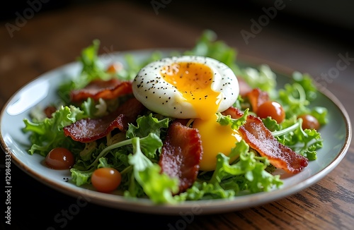 A traditional French salade lyonnaise made with frisée lettuce crispy bacon and a poached egg.