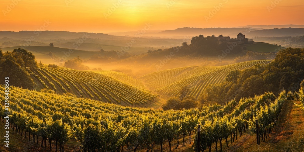 Fototapeta premium The sun sets over a vineyard with a castle in the background
