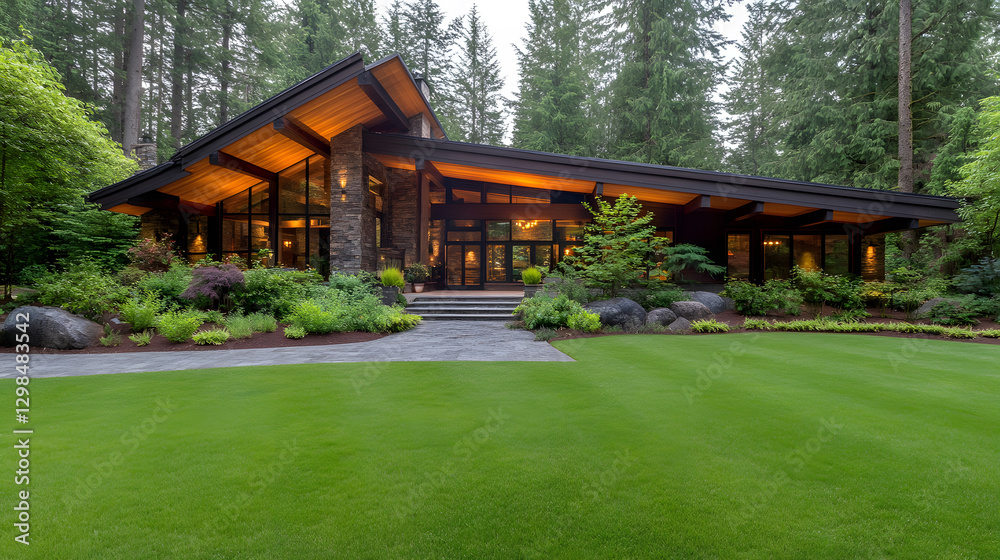 Modern cabin surrounded by lush greenery and trees, featuring large windows Modern cabin surrounded by lush greenery and trees, featuring large windows